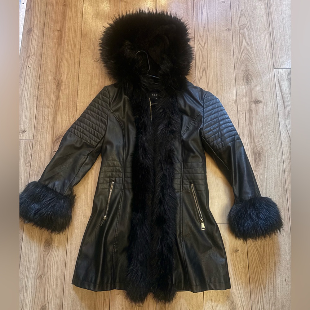 Black Faux Fur Trimmed Women's Coat - Picture 1 of 7